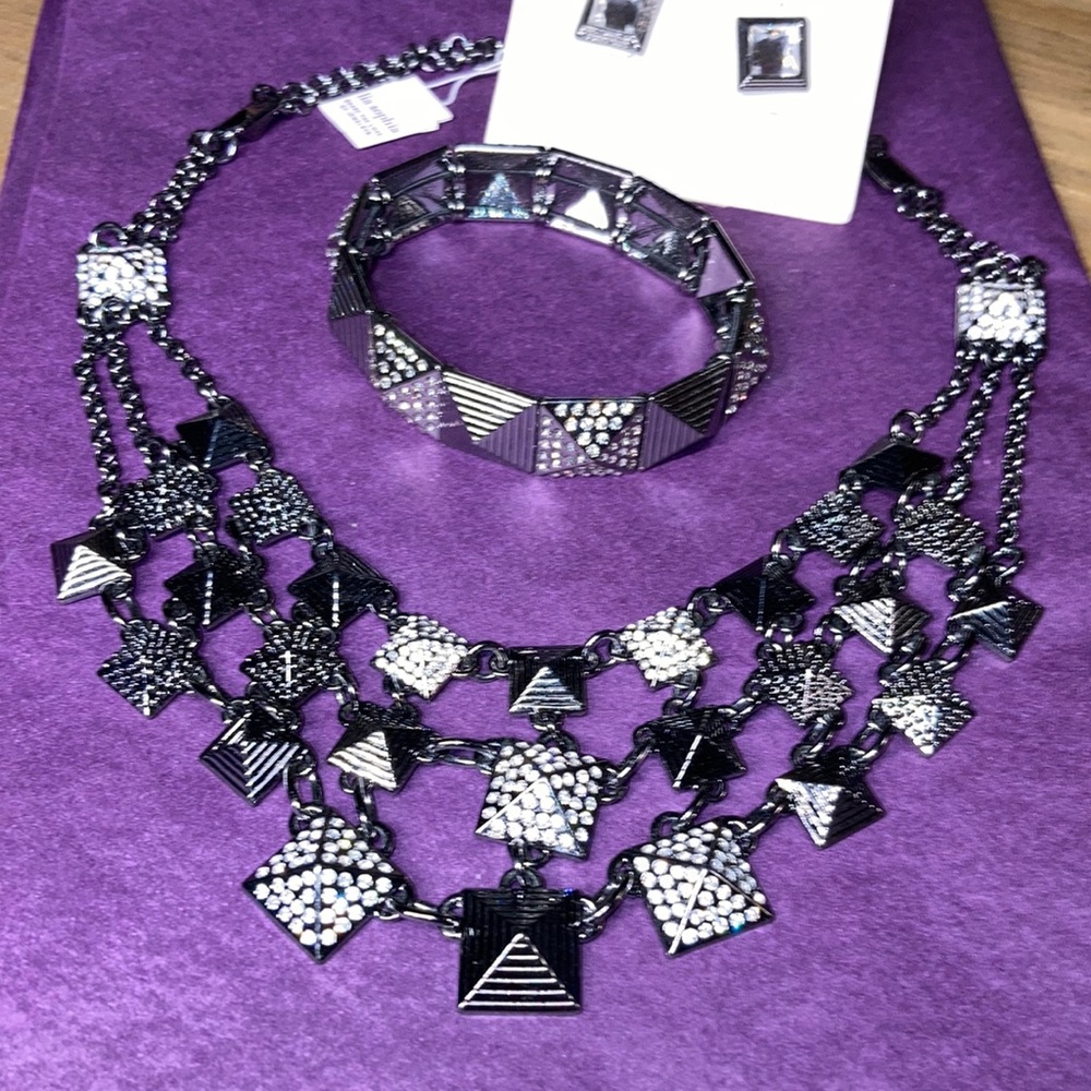 Lia Sophia Black Silver Geometric 3-Piece Statement Jewelry Set NWT Earrings